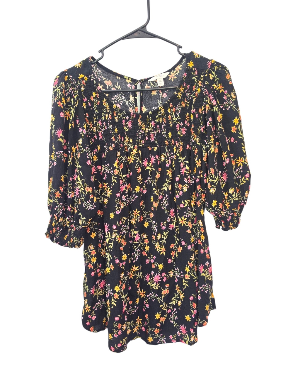 Terra & Sky Black Floral Smocked Peasant Blouse Size 14W